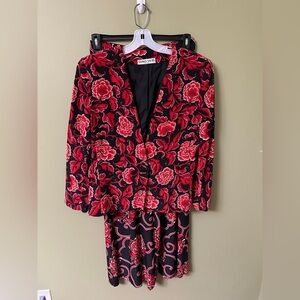 Gloria Sachs Floral Red and Black Blazer and Wide Leg Pants Suit Set Sz‎ 10 Silk